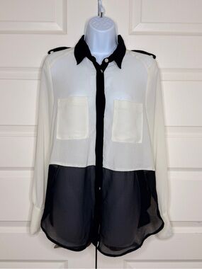 Two-Tone Button-Up Blouse - Black & Cream